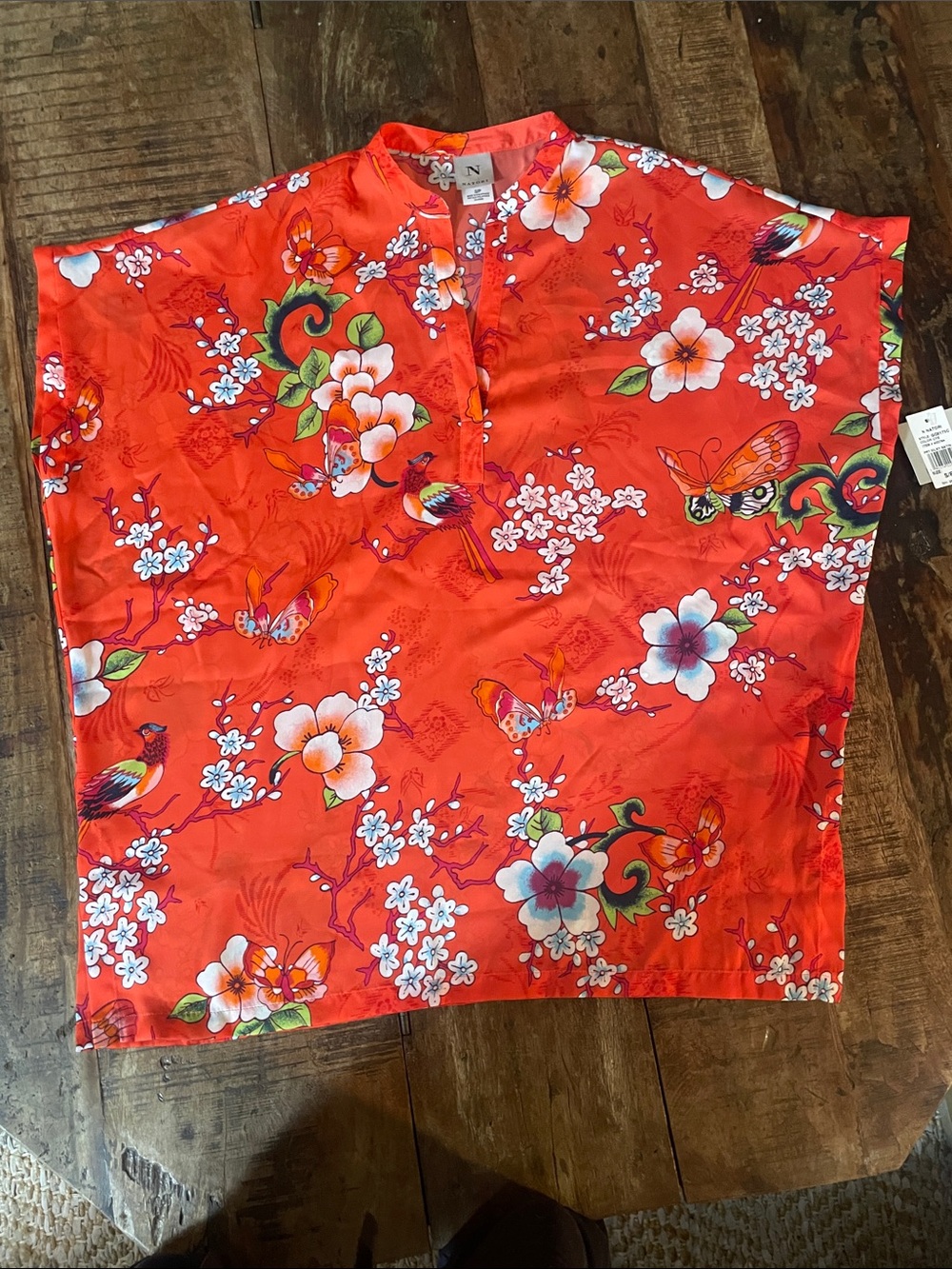 Natori Red Floral Satin Tunic Blouse